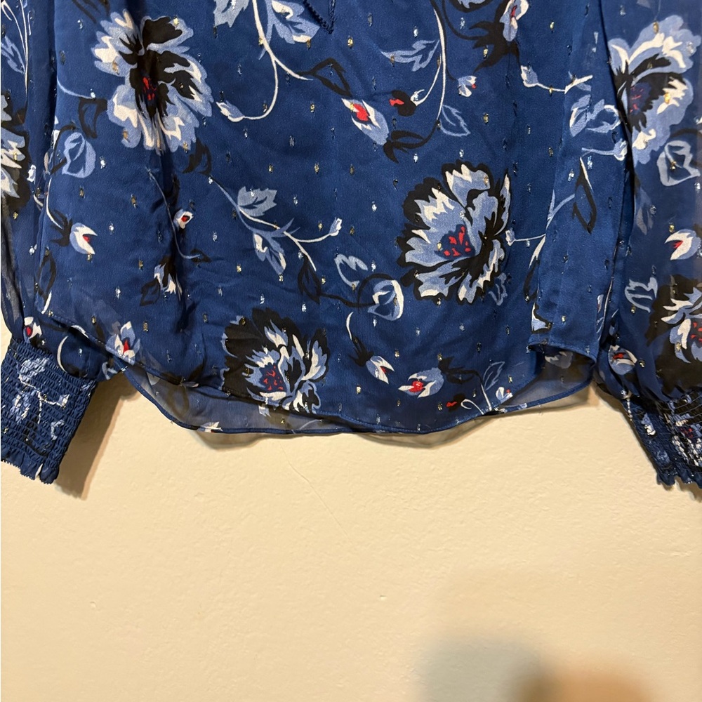 WHBM Navy Sheer Sleeve Floral Blouse Size 2 - Picture 3 of 14